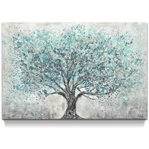 Abstract Landscape Canvas Wall Art: Teal Blue Blossm Tree Picture Modern Hand Painted Textured Painting Contemporary Nature Artwork for Bedroom Living Room Home Office