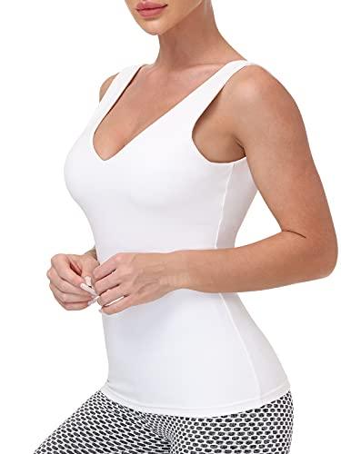 Workout Tops for Women Yoga Tank Tops with Built in Bra Wirefree Padded Yoga Bras Gym Running Athletic Shirt V-Neck Camisole White L