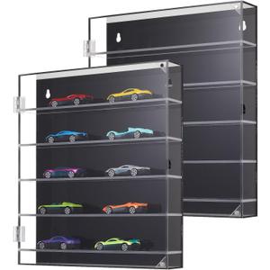 Chunful 2 Pcs 5 Tier Acrylic Display Case for 1:64 Scale Diecast Cars Maximum 30 Toy Cars Storage Case Wall Mountable/ Tabletop Transparent Showcase with Magnetic Switch Door for Collector