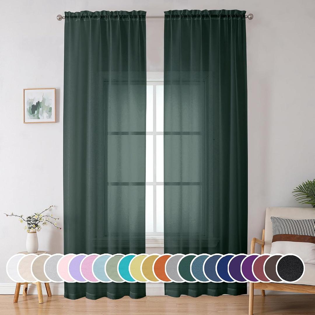 3 x OWENIE Green Sheer Curtain 96 Inches Long 2 Panels Set for Christmas Decoration, Light Filtering Clear Sheer Curtain 95 for Bedroom/Living Room, 2Pcs, Each 42" W x 96" L