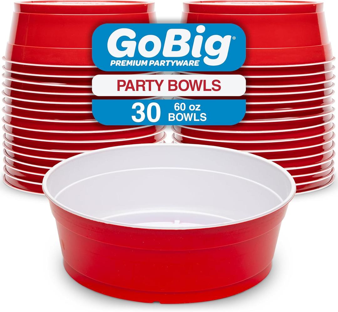 GoBig Red Party Cup Bowls - Large Disposable Plastic Bowls - 22 oz or 60 oz