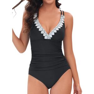 Lace V Neck One Piece Swimsuits for Women Tummy Control Bathing Suits Sexy Criss Cross Back Swimwear (Small, Style25-black)