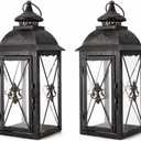 TRIROCKS Set of 2 Vintage Hanging Lantern - 13.5'' Decorative Metal & Tempered Glass Candle Holder - Ideal for Indoor/Outdoor Events, Patio, Garden, Parties Black & Gold Brush Finish