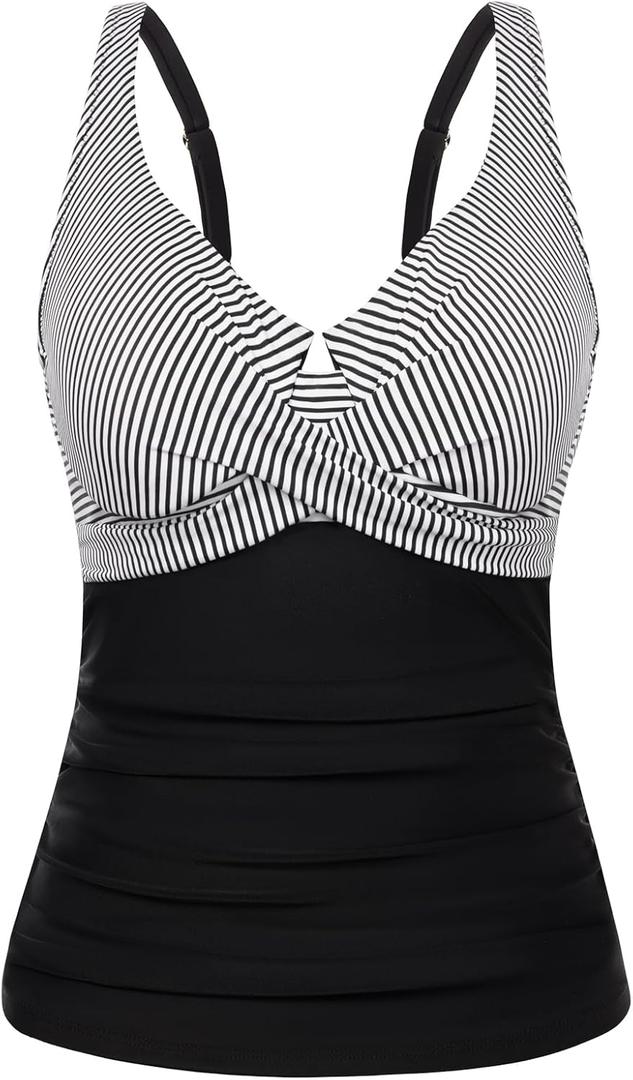 Hanna Nikole Tankini Tops for Women, Push Up Underwire Swimsuits, Removable Padded Bathing Suit Tops Only (Large, Black Strip)