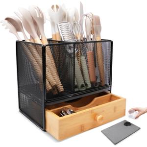 Kitchen Utensil Holder Countertop, Extra Large Utensil Organizer with Drawer, 2-In-1 Utensil & Silverware Holder for Countertop, Kitchen Organizer for Cookware Spatula, with Quick Dry Diatomite Base