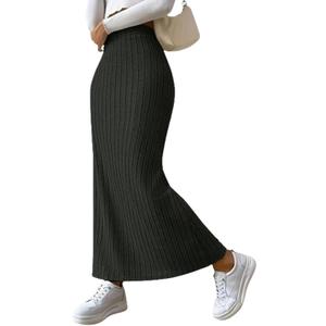 Women Slit Knit Stretchy Striped Maxi Skirts Slim Pencil High Waisted Casual Work Office Long Skirts (Large, Black)