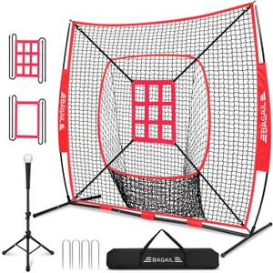 BAGAIL 7x7 ft Baseball & Softball Practice Net with Bow Frame for Batting, Hitting, Pitching, Portable Baseball Throwing Net with 2 Strike Zone Batting Tee, Carry Bag, Great for All Levels (Red)