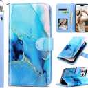 ULAK Compatible with iPhone 16 Pro Max Wallet Case with Card Holder, [RFID Blocking] PU Leather Case with Kickstand Card Slots Wrist Strap, Durable Shockproof Protective Cover 6.9 Inch, Marble