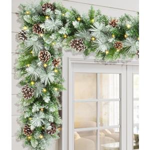Pre-lit Christmas Garland 9 FT with 100 Warm Lights, Battery Operated Xmas Garland with Cedar Cones and Red Berries, Christmas Decoration for Mantle Fireplace Stair Railing Porch