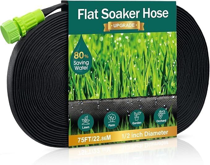 Soaker Hose - Flat Soaker Hose 75 FT for Garden Beds, Garden Soaker Hoses with Heavy Duty, Double Layer Sprinkler Soaker Hoses