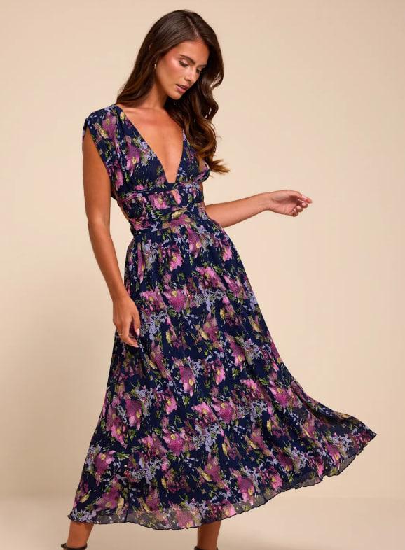 Taylen Navy Multi Floral Plisse Midi Dress, Size S