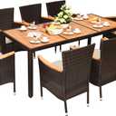 DORTALA 9-Piece Patio Dining Set, Acacia Wood & Rattan Furniture Set with 8 Cushioned Stackable Armrest Chairs and Table, Outdoor Table & Chair Set for Backyard, Garden, Poolside (Brown)
