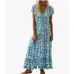 Women's Floral Short Sleeve V Neck Maxi Dress Button Front Drawstring High Waist Flowy Bohemian Vacation Long Dresses M