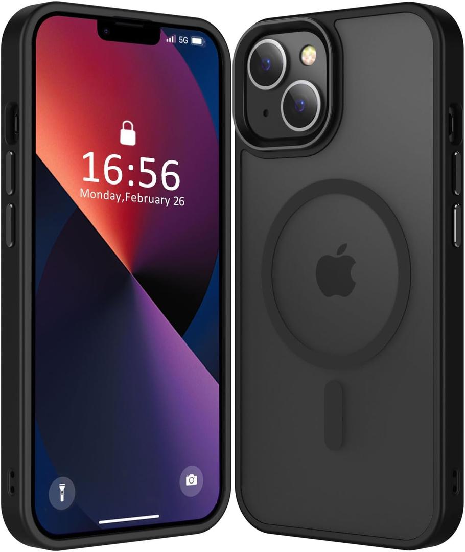 Compatible with iPhone 14/13 Case [Compatible with Magsafe & Military-Grade Protection] Slim Magnetic Translucent Matte Phone Case for iPhone 13/14 6.1'', Black