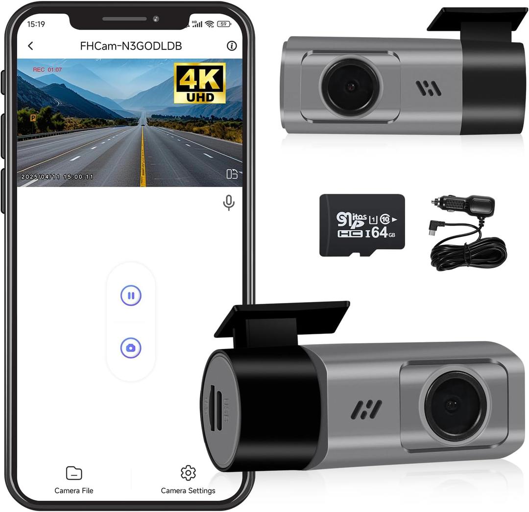 Dash Cam KH1, Car Dash Cam HD 4K Camera with 64GB Card Smart DashCam Front Built-in WiFi 170 Degree Wide Angle FOV WDR Night Vision APP Application Control Loop Recording Time-Lapse Shooting