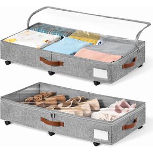 6 Inches Under Bed Storage with Wheels Pack of 2, Underbed Shoe Storage Container Bin with Clear Lid Cover, Rolling Under Bed Drawer Bag Basket for Shoe Organizer Sheet Sweater - Grey