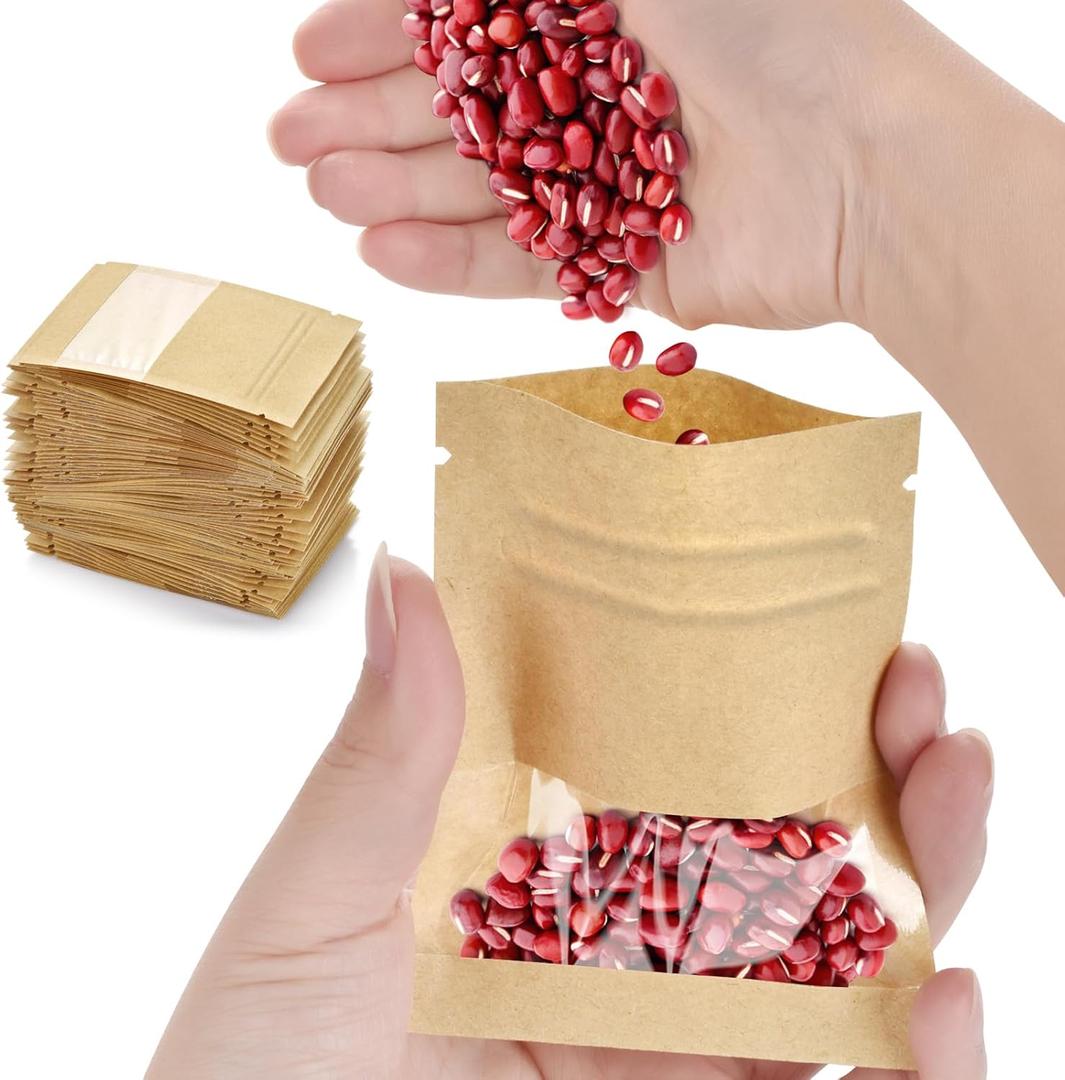 100 Pcs Small Resealable Seed Envelopes, Mini Zip Lock Kraft Bags with Window, 2.7"x3.5" Coffee Sample Bags Resealable Ziplock, Small Business for Samples Bag, Food Storage Bag