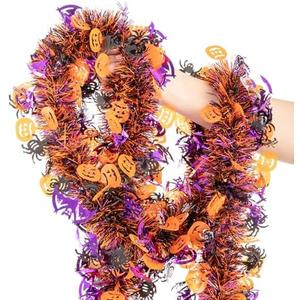 33FT Halloween Tinsel Garland, Black Purple Orange Metallic Twist Foil Tinsel Garland with Pumpkin Spider Bat Ornaments Hanging Garland for Halloween Party Indoor Outdoor Decoration