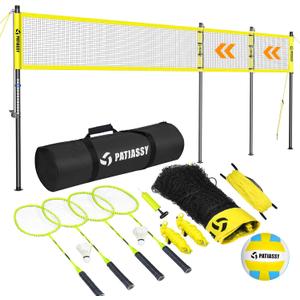 32ft, 26ft and 20ft Width and Height Adjustable Volleyball and Badminton Combo Set with Net, 4 Badminton Rackets, 2 Goose Feather Shuttlecocks and Volleyball for Backyards (Yellow)