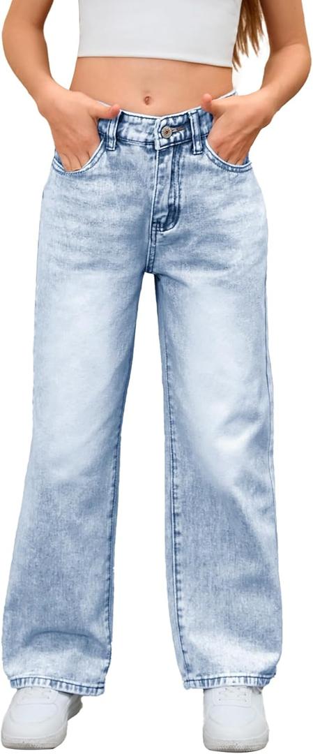 MakeMeChic Girl's Jeans Baggy Wide Straight Leg High Elastic Waisted Denim Pants Y2k Kid 7-14Y