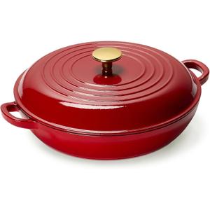 CAROTE 3.4QT Enameled Cast Iron Braiser Pan, Shallow Dutch Oven Casserole Skillets, Non-Toxic Cast Iron Pot with Lid for Grilling, Searing, Baking, Dual Handles, All Stovetop Compatible, Red