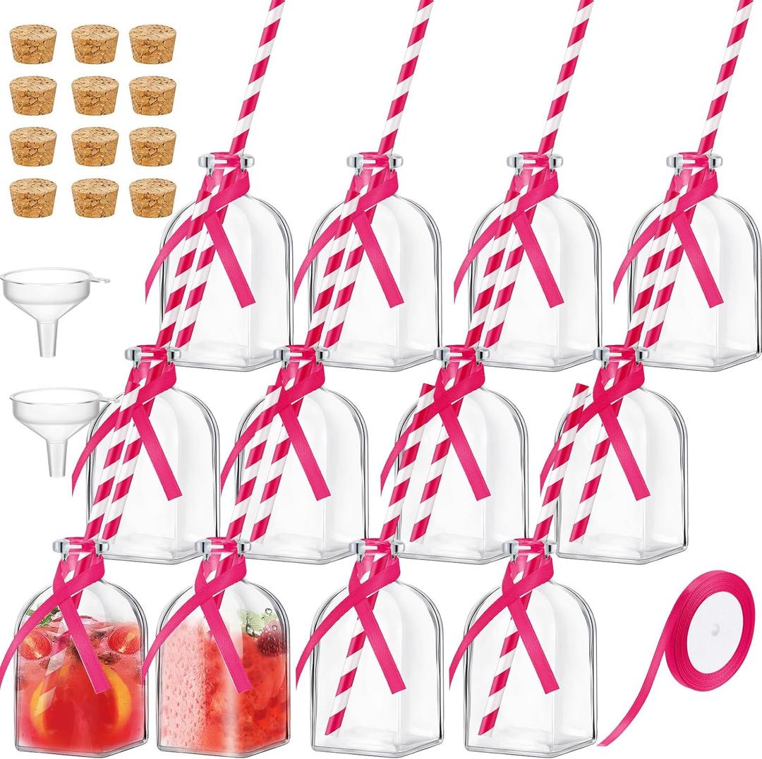 Baderke 12 Pcs Glass Patron Bottles with Cork and Straw 4 oz Mini Empty Glass Bottle for Drinks Reusable Liquor Bottles with Silk Ribbon and Funnels for Cocktail, Wedding Party (Rose Red)