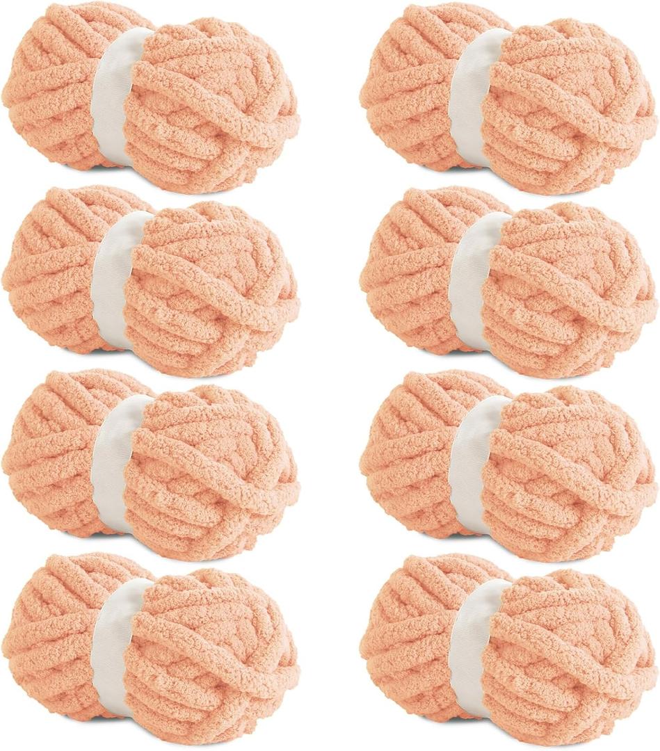 Hombys Apricot Pink Chunky Chenille Yarn for Crocheting and Knitting, Super Bulky Thick Fluffy Yarn for Hand Knitting Blanket, Soft Plush Yarn, 8 Jumbo Pack (27 yds, 8 oz Each Skein)