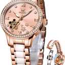 OLEVS Womens Watches Automatic Luxury Dress Ladies Watch Ceramic Strap Rose Gold Self Winding Female Wrist Watch