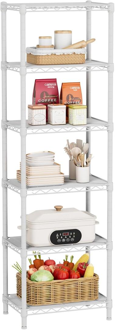 Small 6 tire Shelves Storage Wire Shelving Unit Metal Shelf Adjustable Organizers Storage Shelving with Wheels for Bathroom Laundry Room Kitchen Pantry10”D x 16”W x 60.2”H White