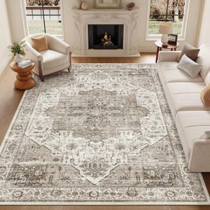 9x12 Area Rugs for Living Room, Machine Washable Non Slip Vintage Rug, Non-Slip Stain Resistant, Large Soft Home Decor Rug for Bedroom Dining Room (Brown, 9'x12') (02 Brown/Ivory)