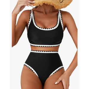 Herseas Women's Bikini Sets Floral Print Whip Stitch 2 Piece Swimsuits High Waisted Scoop Bathing Suits Black white L