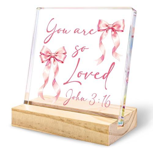 Pink Bow Decor Coquette Room Decor Bow Themed Gifts Pink Office Decors Encouragement Gifts Christian Gifts for Women You Are So Loved Acrylic Stand Birthday Thanksgiving Easter