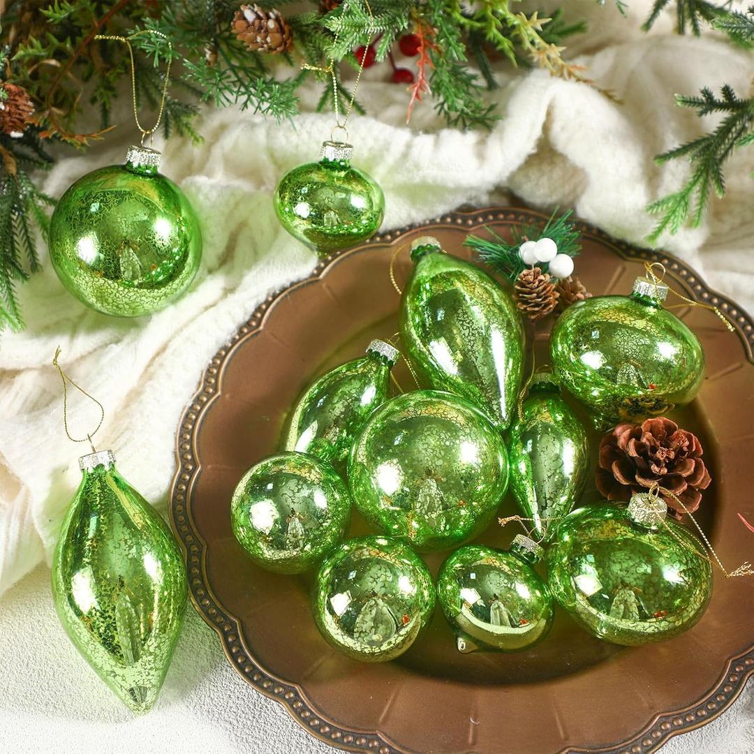 Soulchen 12 Pcs Lime Green Mercury Glass Christmas Ball Ornaments Set 2.36-3.15 Inch Vintage Hanging Christmas Tree Decorations Mercury Decor for Xmas Tree Retro Holiday Decoration