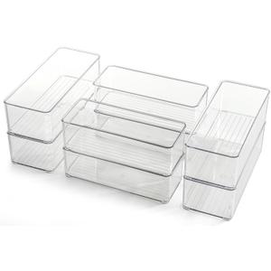 Hudgan 8 Pack Clear Plastic Drawer Organizers Set, Stackable Deep Drawer Organizer for Makeup Vanity and Desk, 2 Sizes Tall Bathroom Drawer Organizer