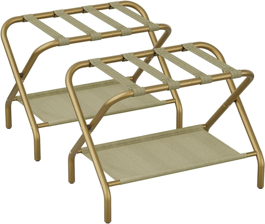 Set of 2 Luxury Gold Luggage Racks with Fabric Shelves - Heavy Duty Folding Suitcase Stand, Portable Bedroom & Hotel Storage Stands, Easy Assembly Steel Frame