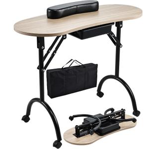 Joligrace Professional Foldable & Portable Manicure Table Nail Technician Desk Workstation 4 Lockable Wheels with Drawer Client Wrist Pad Free Carrying Bag Travel Nail Tech Spa Beauty Table Wooden