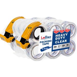 Heavy Duty Packing Tape for Moving Boxes - 1.88" x 360Yds (6 Rolls) Clear Moving Tape for Boxes, Secure Sealing for Cardboard, Bubble Wrap, Shipping Supplies (36, 36Rolls with 2 Metal Dispensers)