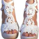 Women's Platform Sandals Wedge Open Toe Ankle Strap lace Wedding Shoes Bridesmaid Shoes (9.5, White#1)