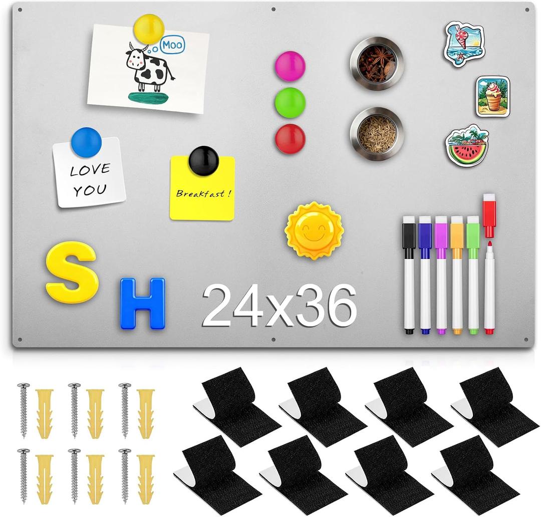 24" x 36" Magnetic Board, Silver Magnet Bulletin Board to Display Magnetic Letters, Metal Board for Wall, Refrigerator Photo, with Dual Lock Tape and Screws, Marker Pen