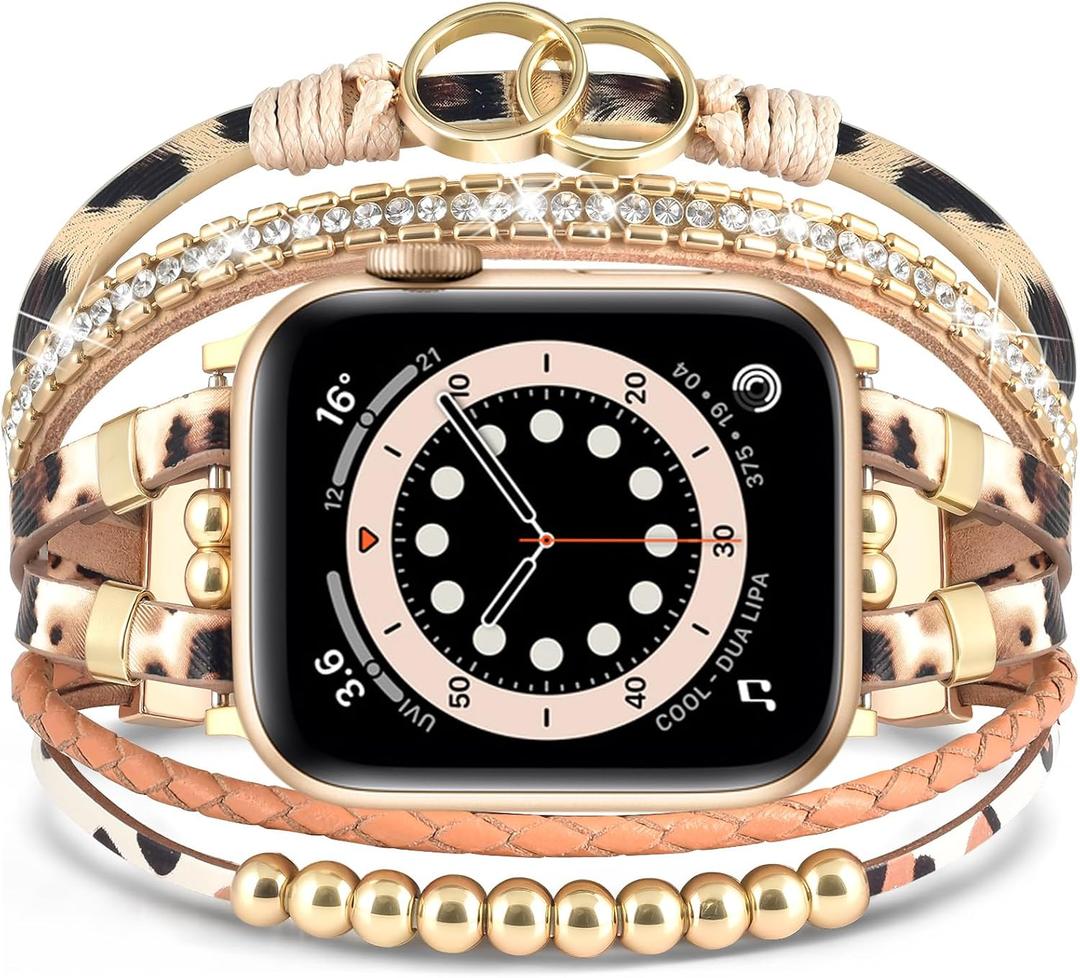 MOFREE Boho Leather Bracelet Compatible with Apple Watch Band 42mm 44mm 45mm Women, Handmade Multilayer Wrap Beaded Jewelry Apple Watch Strap for iWatch Series SE 11 10 9 8 7 6 5 4 3 2 1 Leopard