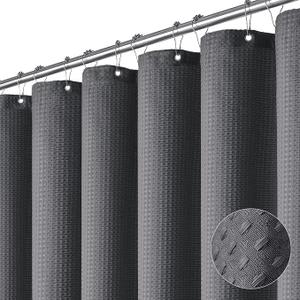 Dynamene Beige Fabric Shower Curtain - Waffle Textured Heavy Duty Cloth Shower Curtains for Bathroom, 256GSM Hotel Spa Luxury Weighted Bath Curtain Set with 12 Plastic Hooks,72x96 OEKO-TEX STANDARD 100, Color: Charcoal Grey
