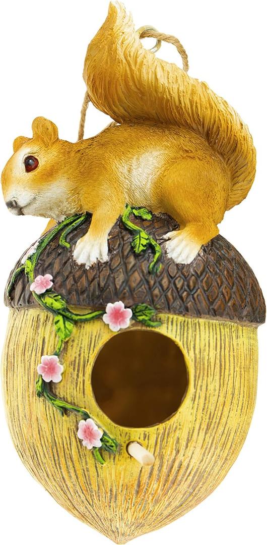 Hanging Decorative Resin Bird House | Hand Crafted Outdoor Home & Garden Dcor for Wild Birds, Hummingbird, Cardinal, Finch, Bluebird | Squirrel
