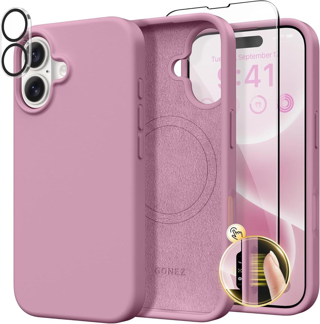 GONEZ Magnetic for iPhone 16 Case, Compatible with MagSafe, [Screen Protector + Camera Lens Protector], Liquid Silicone Shockproof Protective Phone Case for iPhone 16 6.1", Blackcurrant