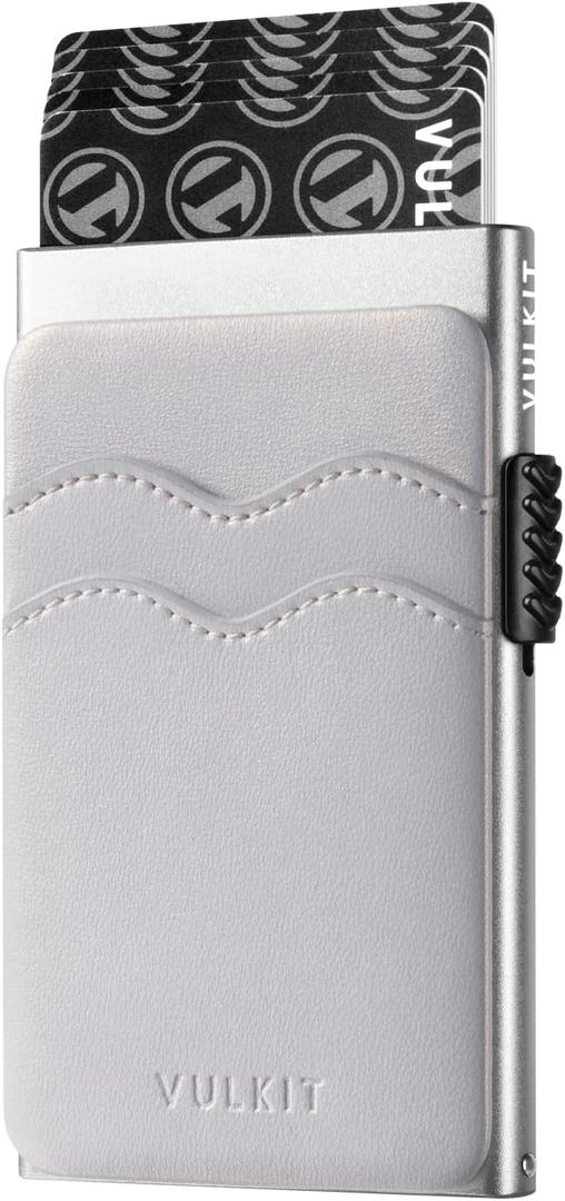 VULKIT Credit Card Holder Minimalist Slim Pop Up Wallet with Leather Slots RFID Blocking for Men and Women Holds 7 Cards and Notes Pearl White