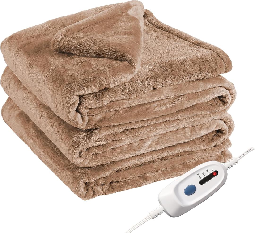 Eydna Electric Heated Blanket Full Size 72"x84", Fast Heating Throw, Soft Plush Microplush for Bed & Couch, 10 Hours Auto Off & 4 Heating Levels, Machine Washable, Gifts for Grandma & Family-Dark Camel