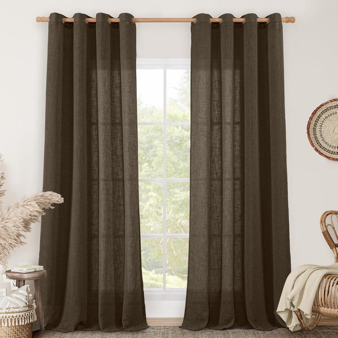 LAMIT Dark Brown Linen Curtains for Living Room 84 inch Length, Light Filtering Semi Sheer Panels Bronze Grommet Rustic Farmhouse Drapes for Bedroom/Sliding Glass Door, 2 Panels, 52 x 84 Inch