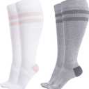 Momcozy Compression Socks for Women Wide Calf, 15-20mmHg Knee High Support Socks for Pregnancy, Nurses, Flying, Travel (3X-Large, White/Light Gray)