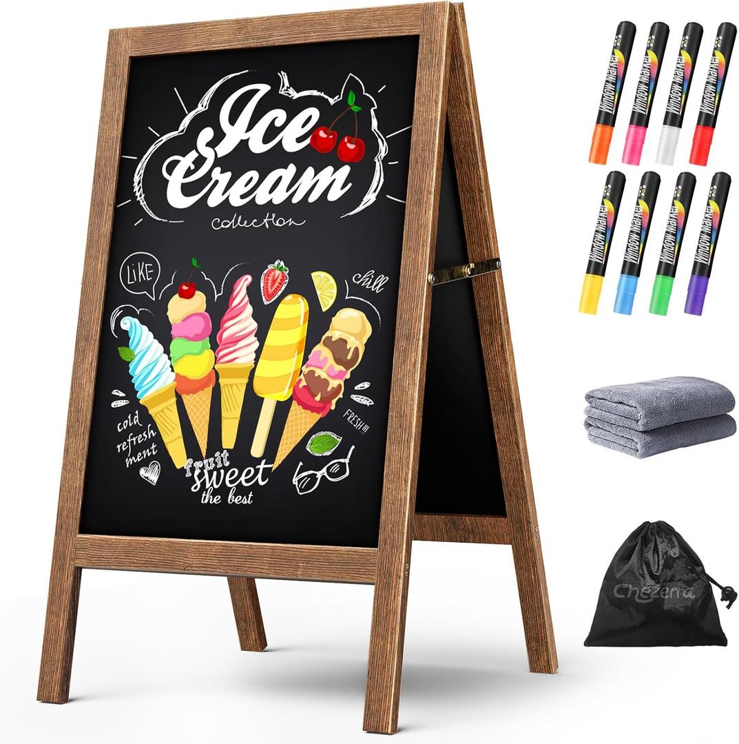 Chezerra A Frame Chalkboard Sign, 40"x20" Extra Large Sidewalk Chalk Board, Wooden Standing ChalkBoards Set with Markers, Double-Sided Magnetic Blackboard for Cafs, Weddings, Party Guide, Brown