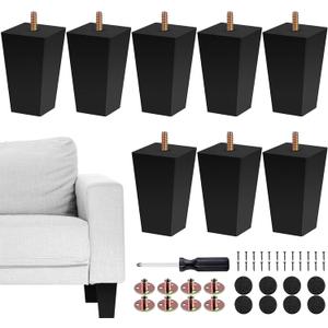 TURSTIN Set of 8 Furniture Legs 4 Inch Square Solid Wood Couch Legs Replacement Sofa Legs Mid Century Furniture Feet for Armchair Bed Dresser Cabinet Include Installation Hardware, Black