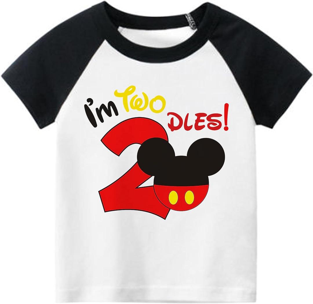 Luke and Lulu 2nd Birthday Shirt Boy - Mouse Themed Short Sleeve Birthday Boy Shirt 2 - Premium 2nd Outfit - Two (3T, Raglanredblkylw)